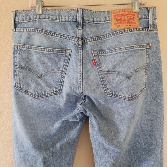 Levis 511 Slim Fit Straight Leg Blue Denim Jeans Mens 34x32 Distressed Stretchy - Picture 9 of 10